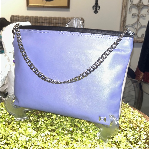 Halston Heritage Purple & Tan Clutch with Silver Chain & Logo 10.5”x 8.5” New - Picture 4 of 10